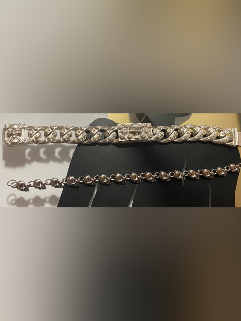 925 Skull Link Bracelet and Stainless Skull Bracelet Set